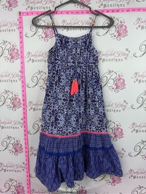 Monsoon dress smock Blue Printed Maxi Dress with Pink Tassel Accent